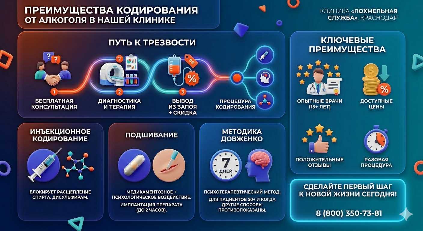 Инфографика о методах кодирования от алкоголя для жителей Омска: инъекции, подшивание, метод Довженко. Преимущества клиники и этапы лечения.