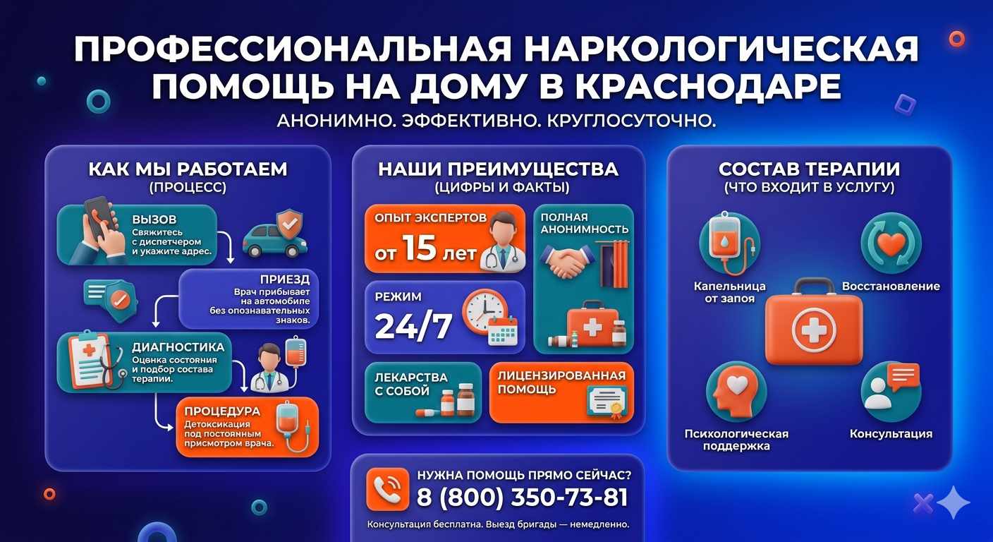 Инфографика о принципах лечения алкоголизма на дому для жителей Омска: этапы вызова нарколога, преимущества анонимной детоксикации и состав медицинской помощи.